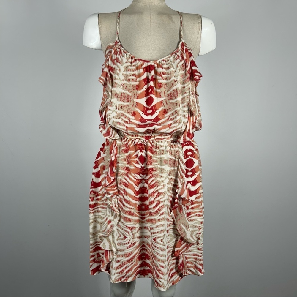 Parker Silk Split Ruffled Waist Marbled Tie Dye Mini Dress